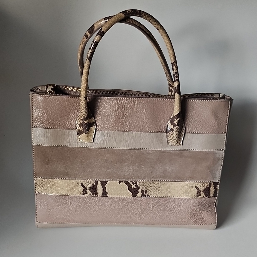 Elegant Tan and Cream Tote with Snakeskin Accents